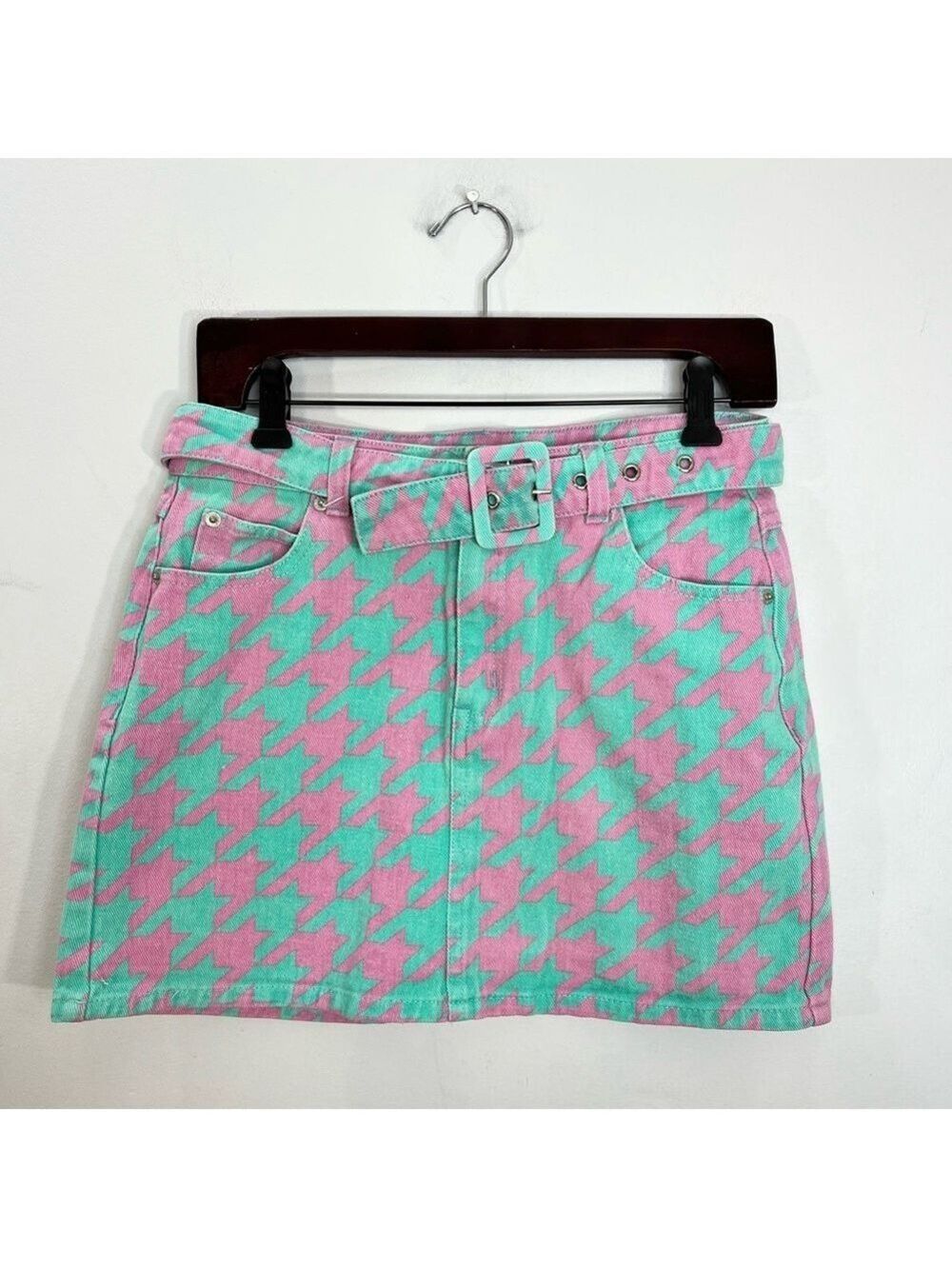 Signature 8 aqua pink houndstooth check belted denim mini skirt M - Picture 2 of 11